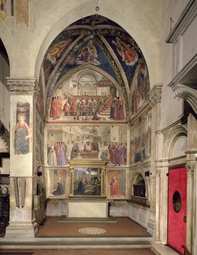 Die Bestätigung der Regel des Ordens des Heiligen Franziskus durch Papst Honorius III. und die Auferstehung eines Jungen, aus dem Lebenszyklus des Heiligen Franziskus, 1480-85 (Zentralwand) von Domenico Ghirlandaio